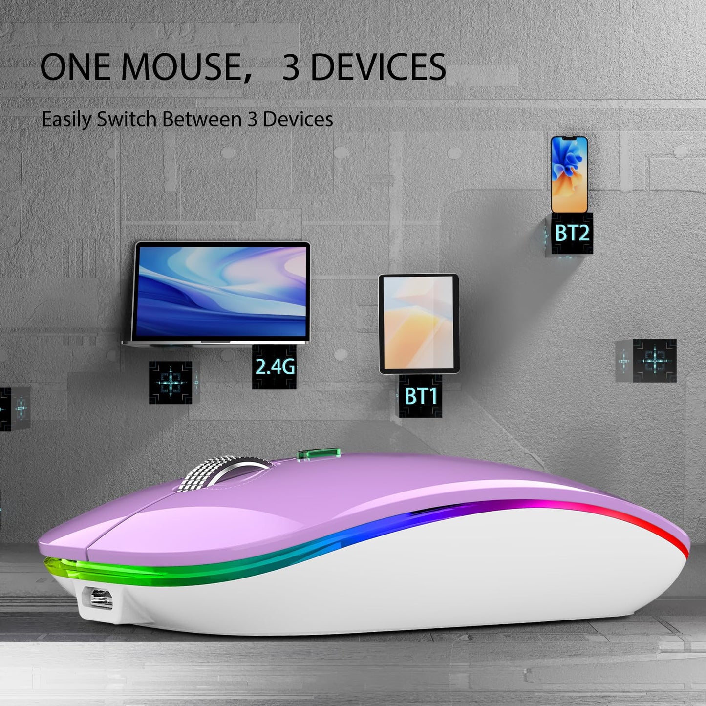TENMOS Wireless Bluetooth Mouse, LED Slim (Bluetooth 5.1/5.0 + USB) 2.4GHz Rechargeable Silent Bluetooth Wireless Mouse with Type C Adapter for Laptop/MacBook/iPad OS 13 and Above (Matte Black)