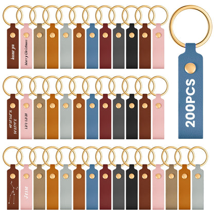 Wavyknot 200 Pcs PU Leather Keychain Blanks Bulk Laser Engraving Blanks Keychain Kit with Key Rings for DIY Key Chains Craft (3.7 x 0.7 Inches,Classic Colors)