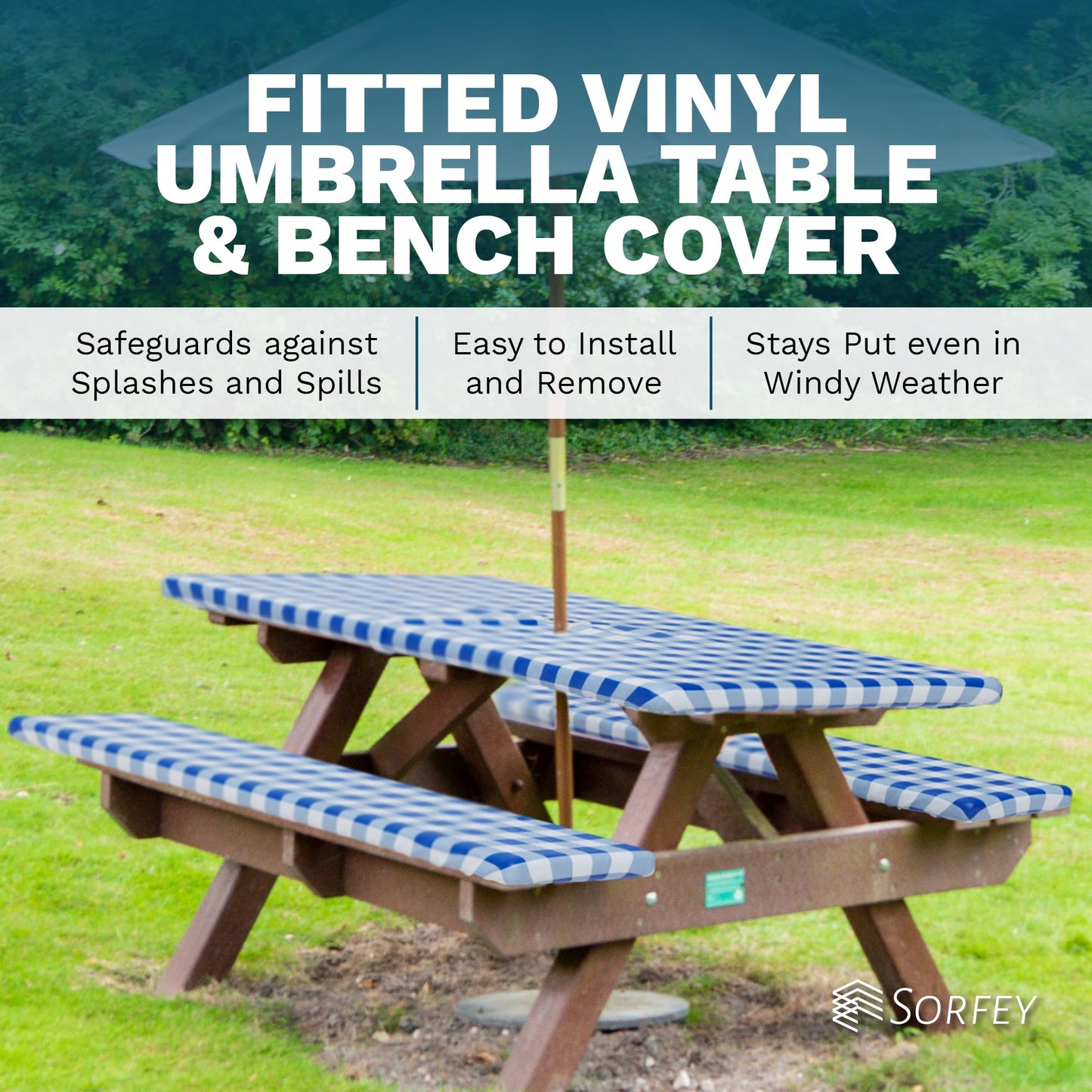 Sorfey Vinyl Umbrella Picnic Table and Bench Fitted Tablecloth Cover, Checkered Design, Flannel Backed Lining, 30x96 Inch, 3-Piece Set, Green