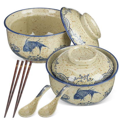 CALLARON 26 oz Ceramic Ramen Bowl, Japanese Noodle Bowls Set of 2, Large Soup Bowl with Lid, Spoons and Chopsticks, Vintage Ramen Dish for Pho, Udon, Noodles, 6 inch, Microwave Dishwasher Safe