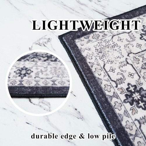 Hallway Runner Rug - 2x8 Washable Oriental Design | Stain Resistant, Ultra Soft, Non-Slip Black Mat