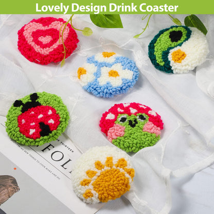Longan Craft Punch Needle Coasters Kit 6 Pattern Embroidery Punch Needle Kits Adults Beginner Coasters Tufted Car DIY Rug Drink with Adhesive Felt Yarns Hoop Tools Starter Crafts