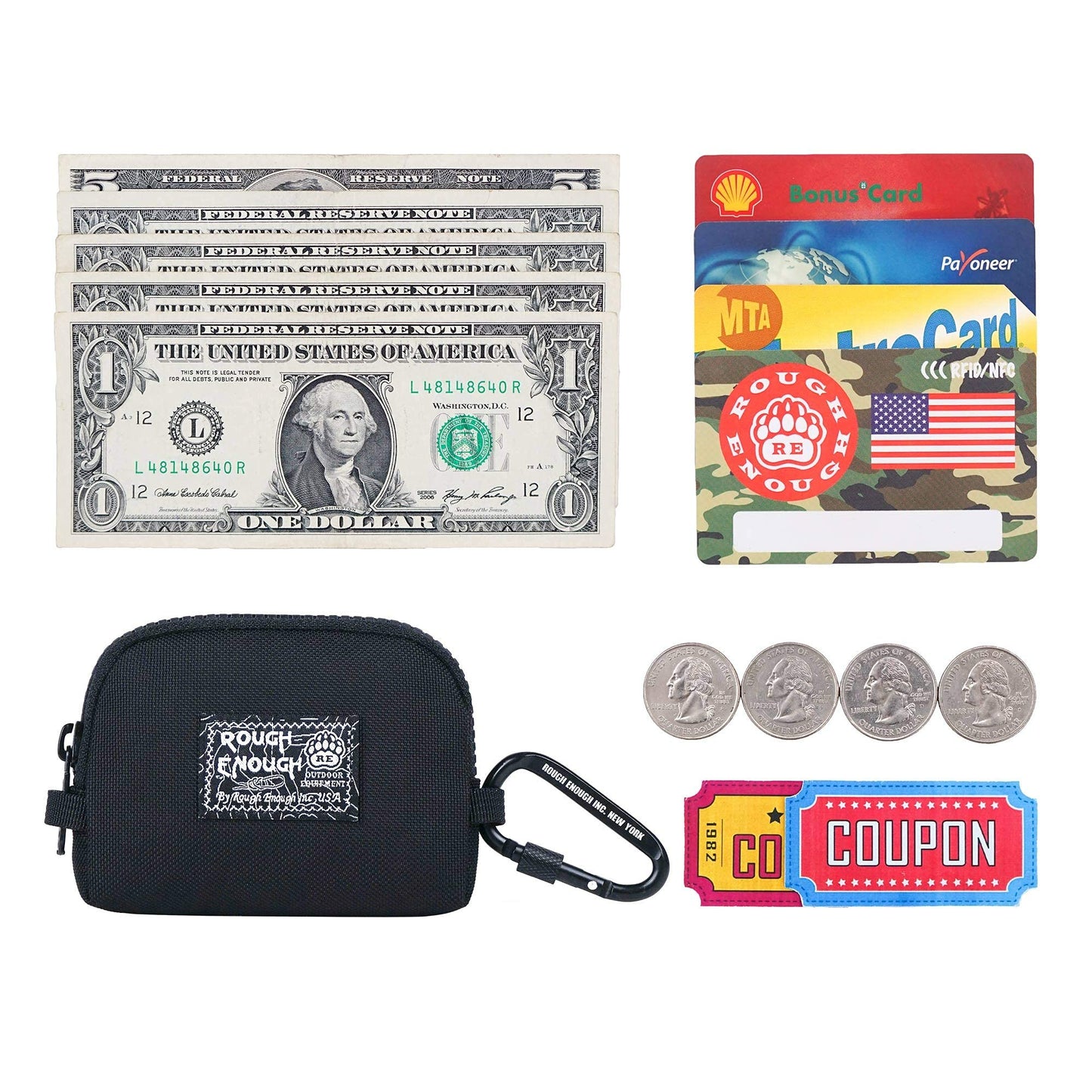 Rough Enough Small Coin Purse Card Wallet Keychain Pouch for Men Women with Zipper Neck Lanyard Black Cordura Water Repellent