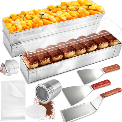 3 Pack Tiramisu Cake Pan Set with Lid Nonstick Rectangle Tiramisu Cake Mold with Removable Frame Stainless Steel Baking Pan Kit with Spatulas Powder Sugar Shaker Baking Paper for Cheesecake Mousse