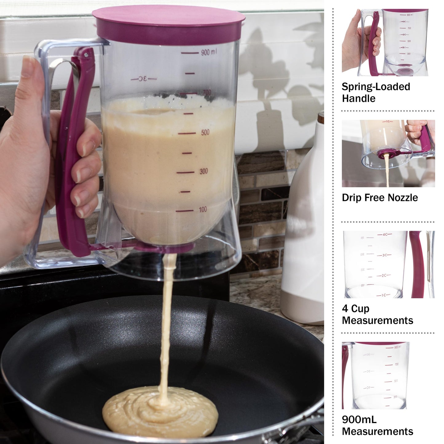 Pancake Batter Dispenser - 4-Cup Batter Dispenser with Squeeze Handle for Pancakes, Waffles, Muffins, and Crepes - Baking Tools (Purple)