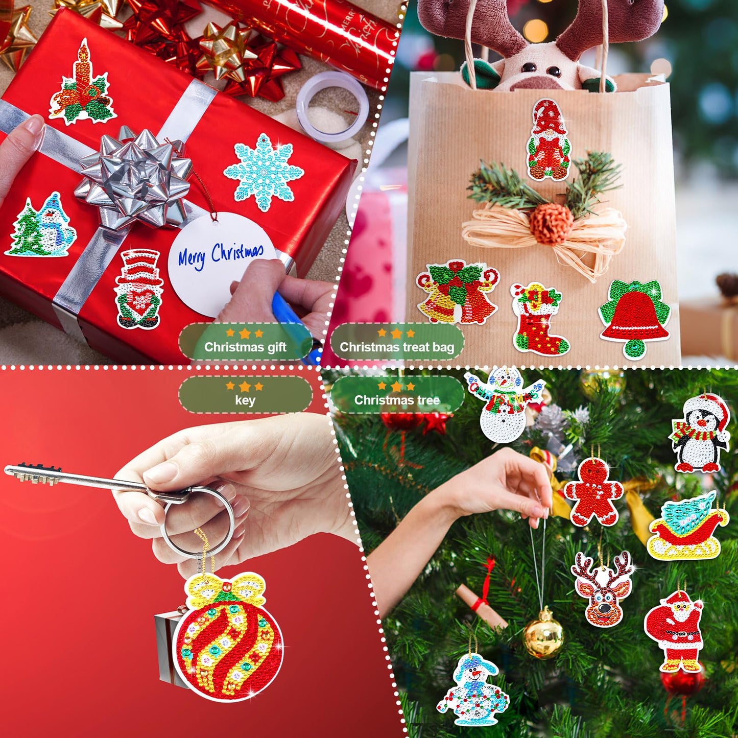 Hungdao 64 Pcs Diamond Art Christmas Ornaments Kits Diamond Art Painting Kits DIY Keychains for Adults 5d Bulk Winter Hanging Ornament Snowman Santa Claus Home Xmas Tree Craft Gift Decor(Classic Red)