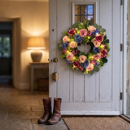 Svndlyn 22 Inch Lighted Floral Wreath with Timer for Front Door Decor