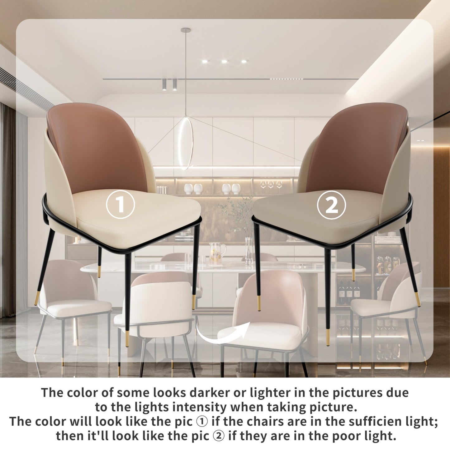Wisfor Dining Chairs Set of 2: Faux Leather Upholstered Makeup Chair with Arched Backrest - Armless Vanity Chairs with Metal Legs for Kitchen Living Room Bedroom (Reddish Brown and Beige)