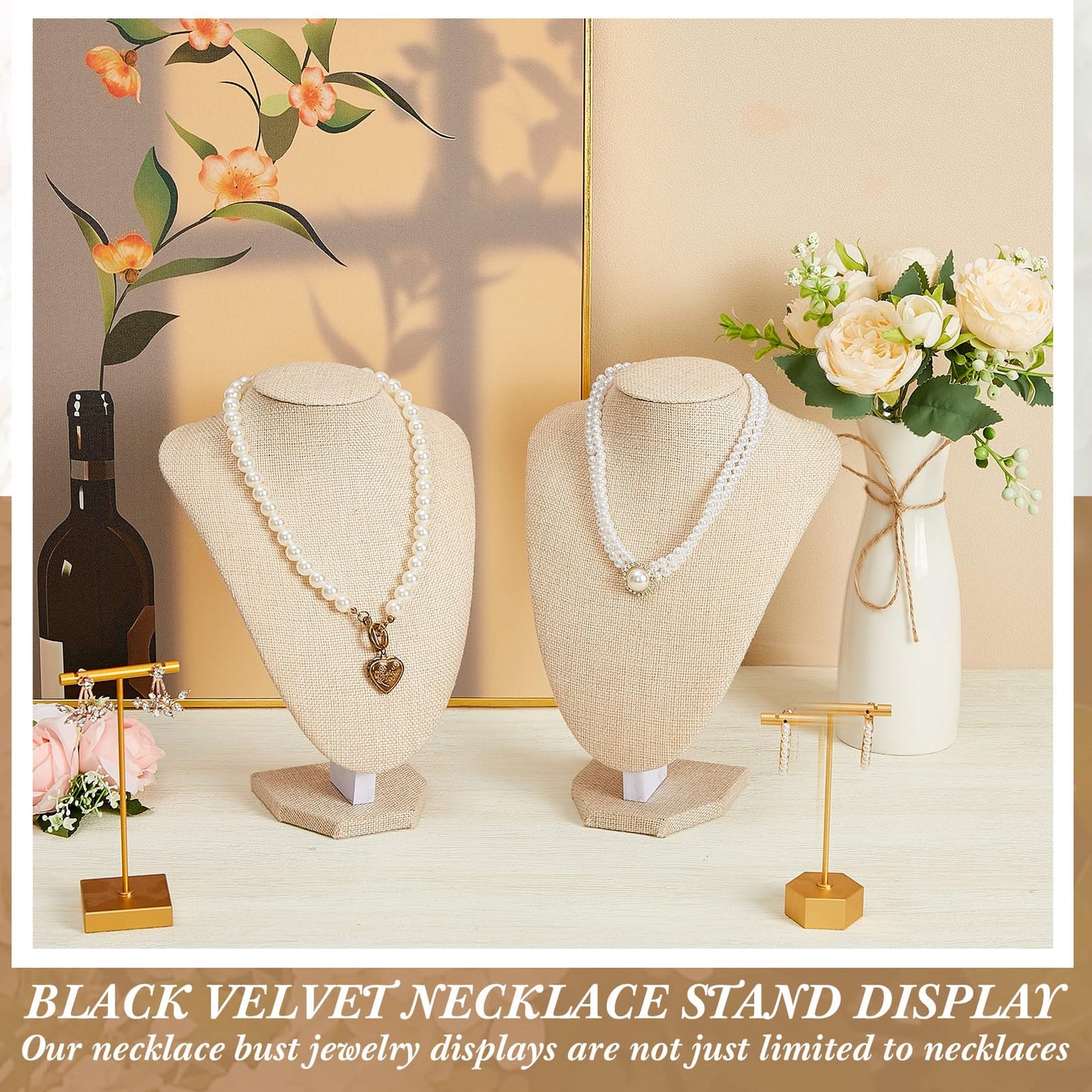 Huquary 6 Pcs Necklace Display Stand Necklace Holder Jewelry Bust Display Stands for Selling Home Store Trade Shows Photography Props Retail(Flaxen,Linen)