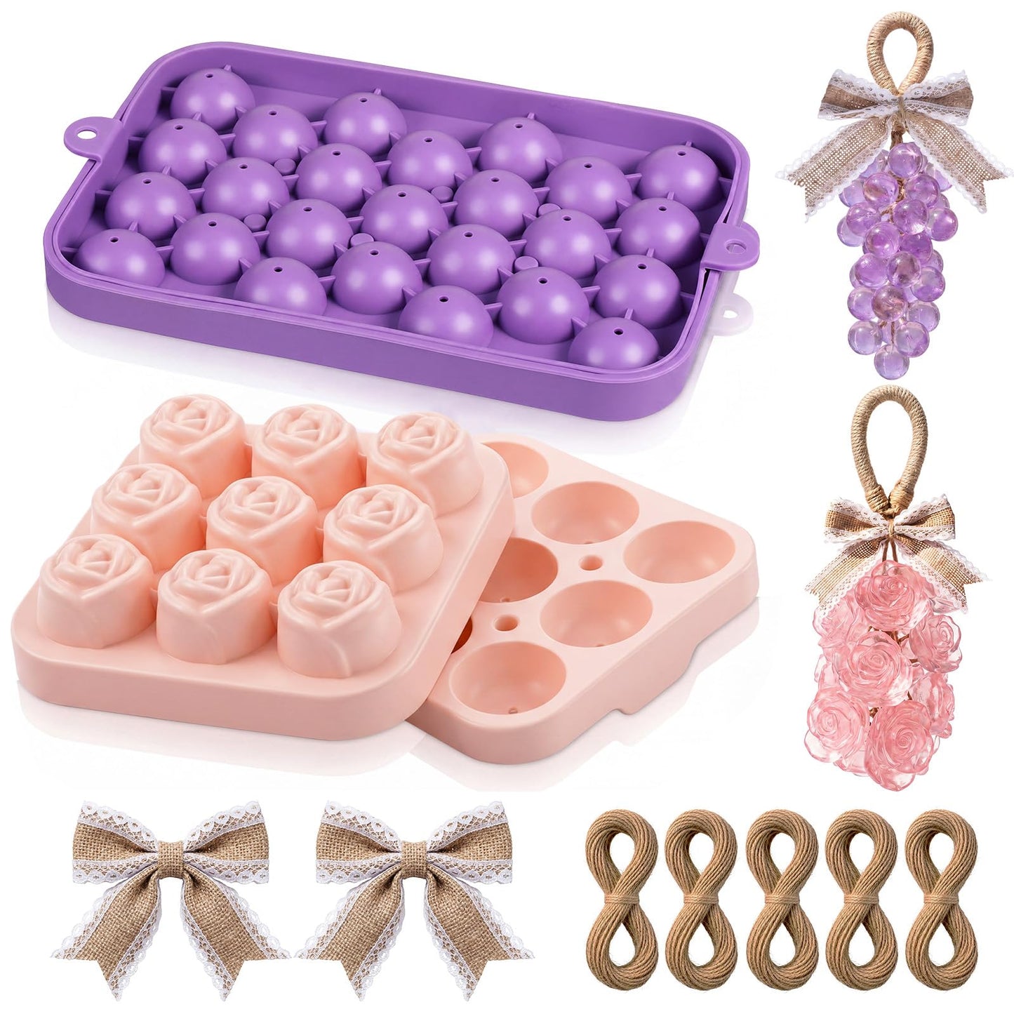SiliFine DIY Soap Making Kit with Grape & Rose Silicone Molds, 5 Rolls Natural Jute Twine and 2 Burlap Lace Bows, Silicone Mold Set for Soap, Candle, Resin and Clay Crafts, Handmade Gift Supplies