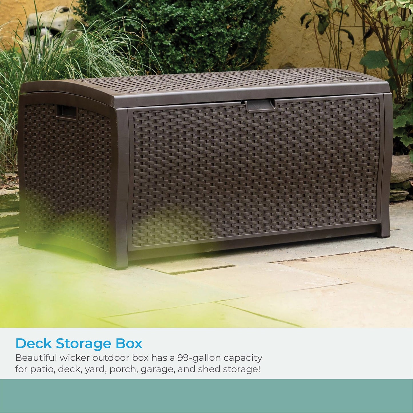 Suncast DBW9200 99 Gallon Outdoor Wicker resin Patio Storage Chest Bin with Handles for Patio, Garden, Garage, or Pool for All Weather, Mocha