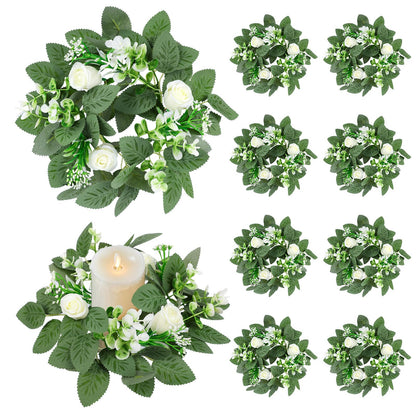 10PCS Wedding Rose Candle Rings Artificial Floral Eucalyptus Leaves Wreaths Faux Candle Rings Summer Greenery Candleholders Garland Pillar Holder for Bridal Shower Bachelorette Party Table Decor