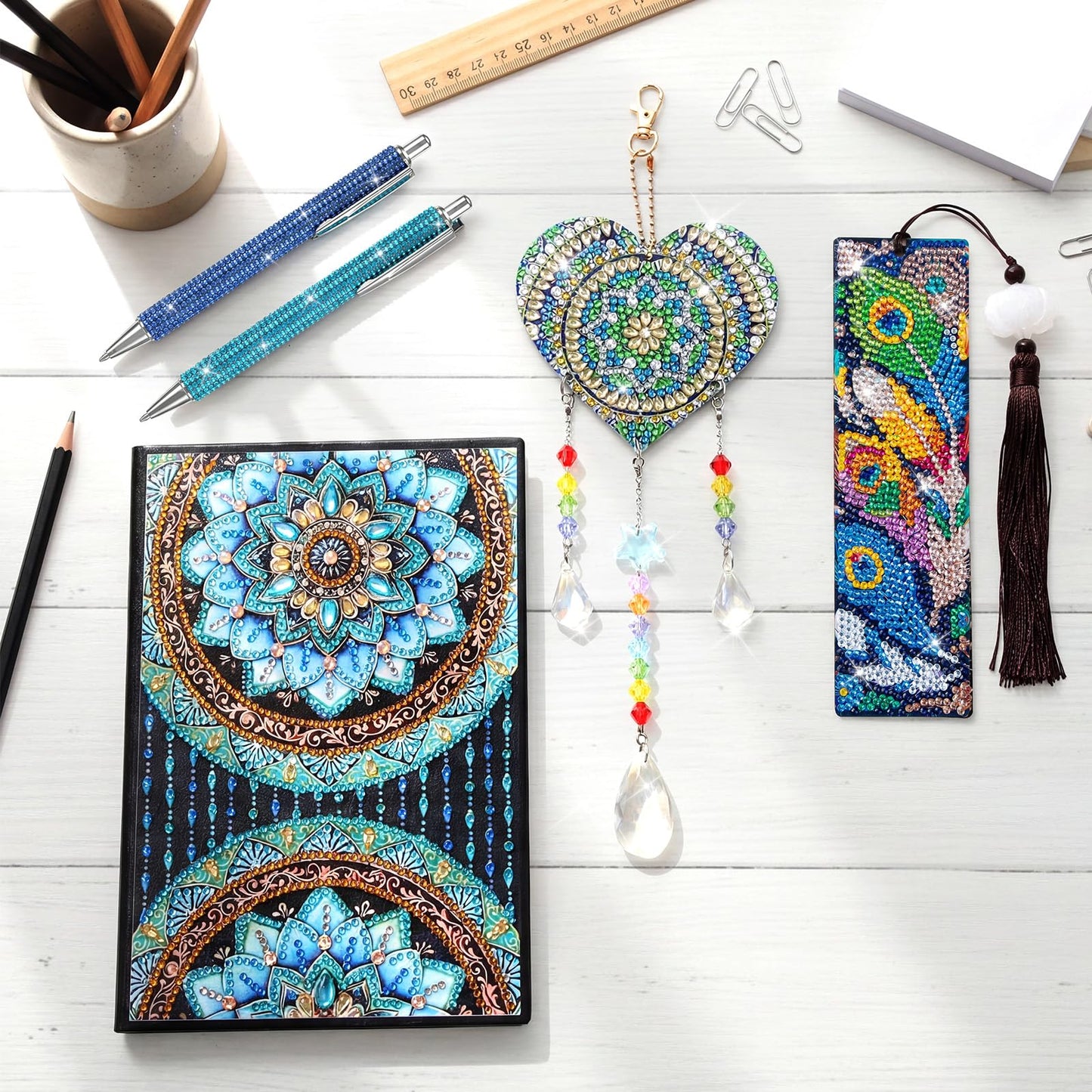 ForraFun Diamond Art Notebook for Adults Diamond Painting Journals Notebooks 5d DIY Diamonds Notebook Painting Kit with Diamonds Ballpoint DIY Bookmark & Wind Chime for Crafts Gift(Mandala)