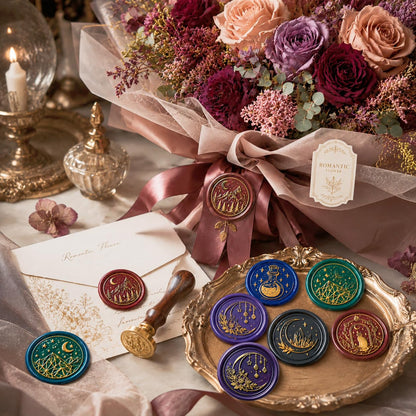 SWANGSA Wax Seal Stamp Set, Vintage 6 Pieces Moon Series Sealing Stamp Heads and 1 Wooden Handle Wax Seal Kit