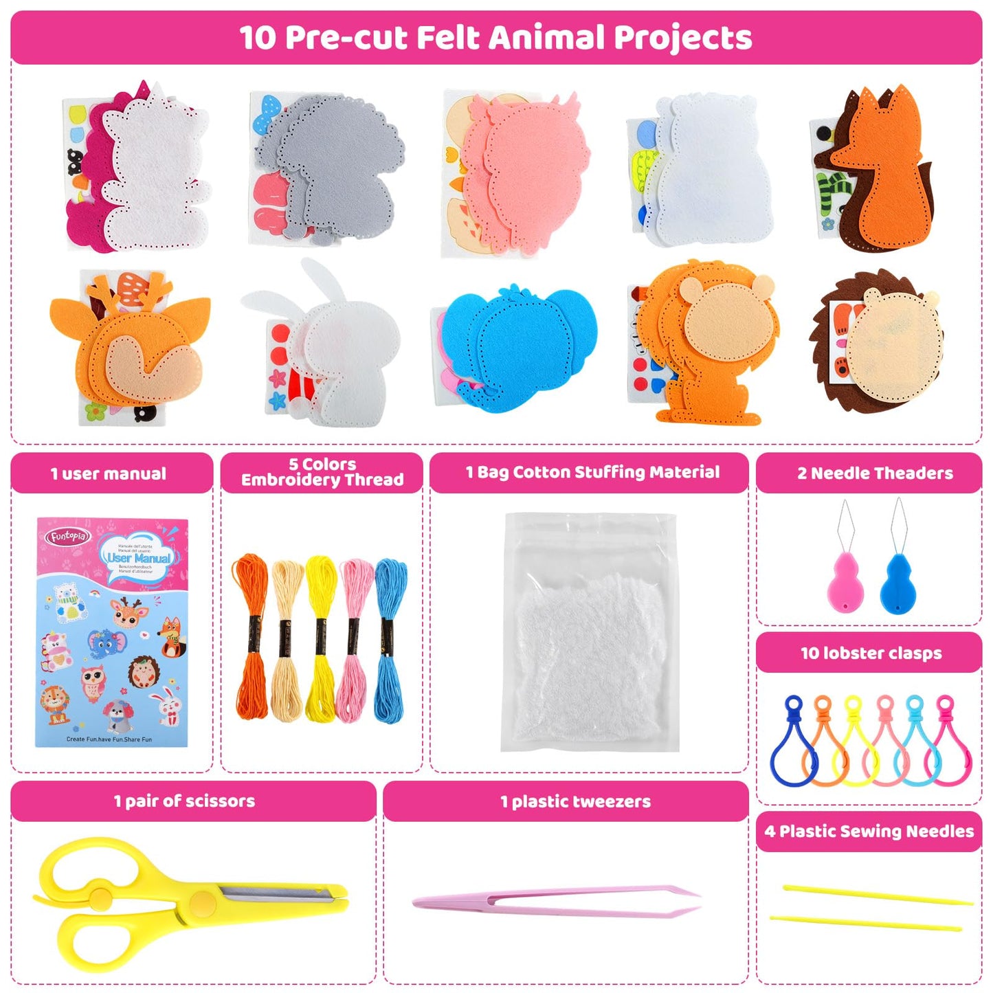 Funtopia Sewing Kit for Kids, 10 Easy DIY Projects of Stuffed Animal with Guiding Book, Beginners Sewing Toys and Birthday Gift for Girls Boys, Felt Arts and Crafts for Kids Ages 5-8 8-12
