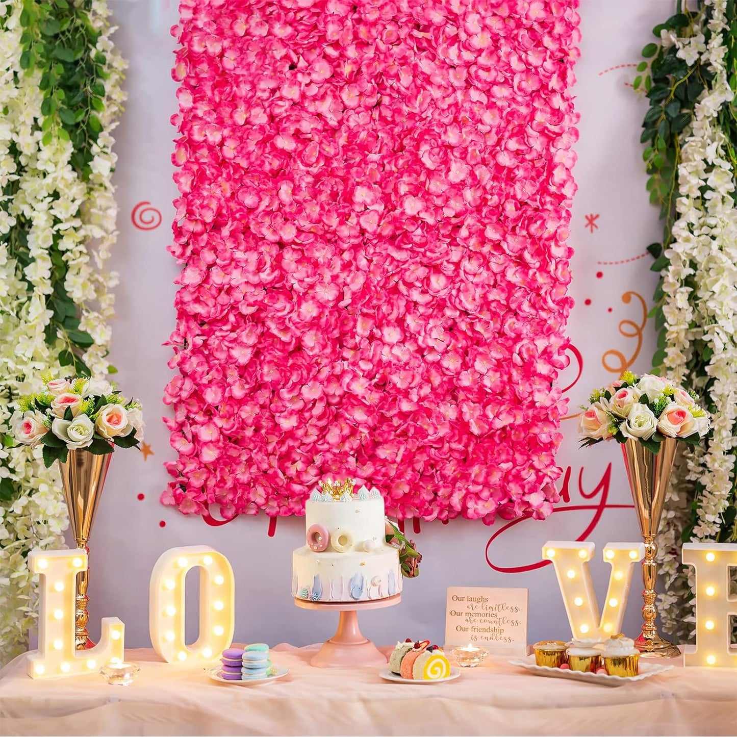 GOUZIBHD 24 X 16 Pink Faux Roses Artificial Flower Backdrop for Wall Decor, Artificial Flower Wall Panel Background, Flower Wall Mat Party Wedding Home Decoration(Size:12PCS)