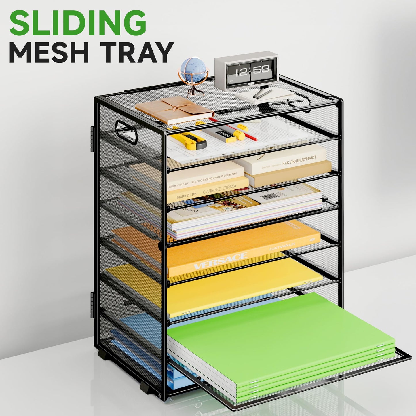 Biciyarn 8 Tier Paper Organizer with Handle, Metal Mesh Desk File Organizer, Large Capacity Desk Organizers Paper Letter Tray Desktop Document Sorter for Office, Home or School - Black