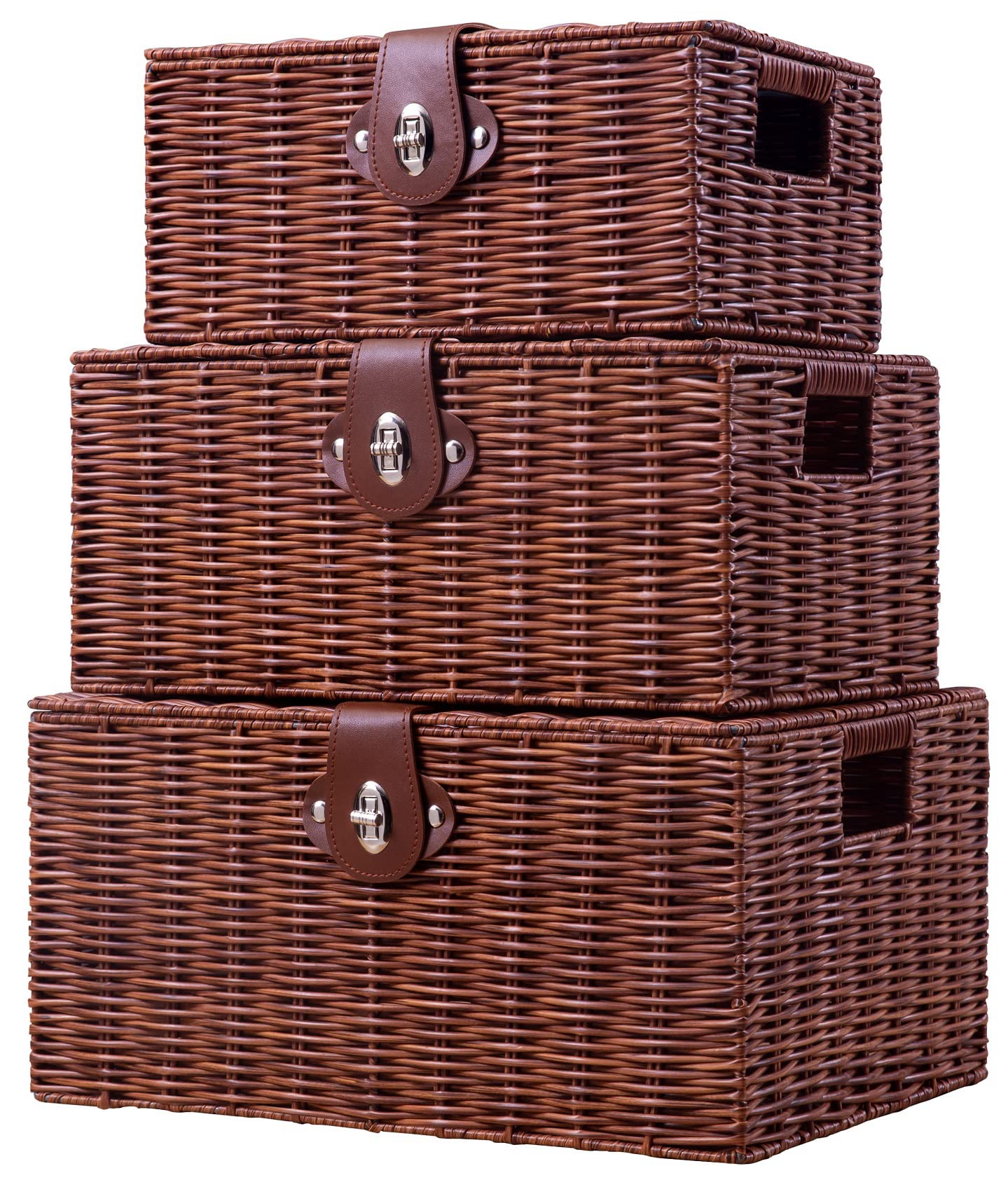 Homepeaz Set of 3 Woven Wicker Storage Basket Box with Lids & Lock, Built-in Carry Handles, Multifunctional Storage Organizer for Nursery, Baby, Clothes, Toys, Books, Large/Medium/Small Size (Natural)