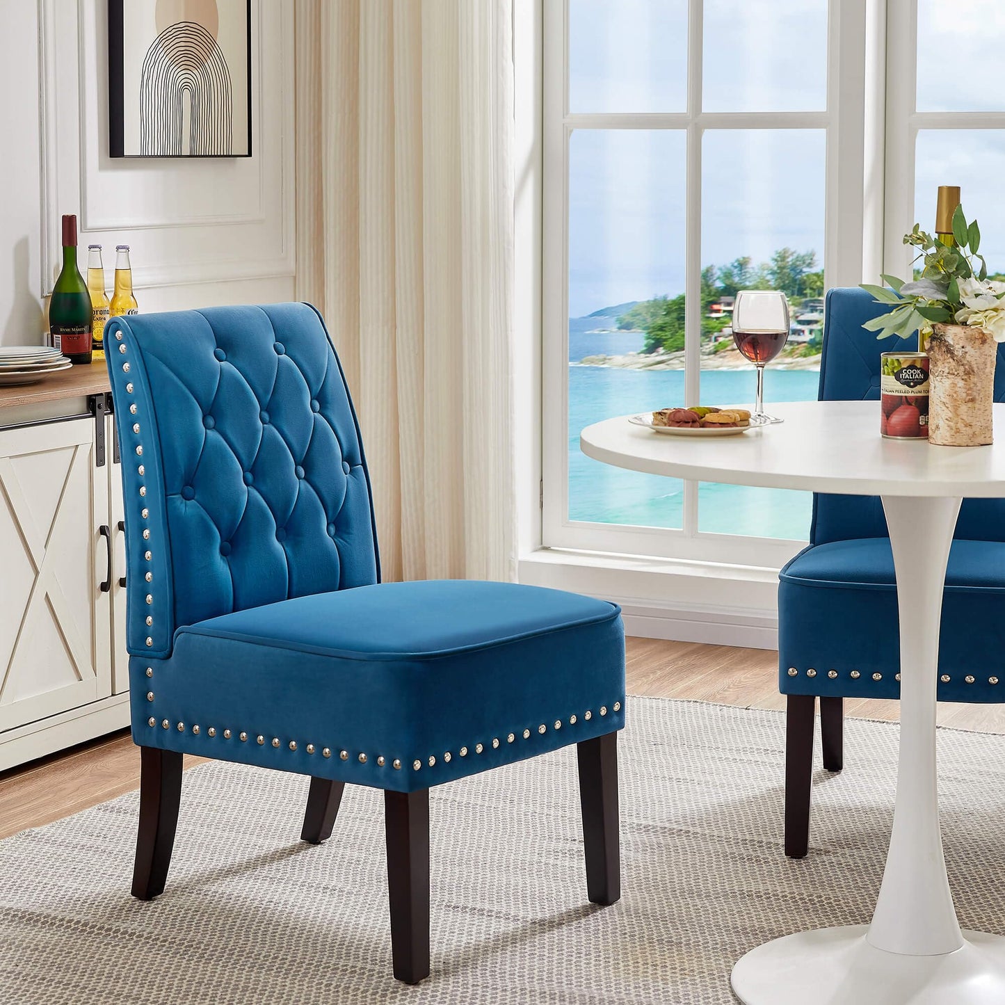 DRM'SCUUM Armless Accent Chairs Slipper: 2PCS Tufted Buttons Slipper Chairs Dining Chairs with Nails Decorative Side Chair for Bedroom Living Room Kitchen (Blue)