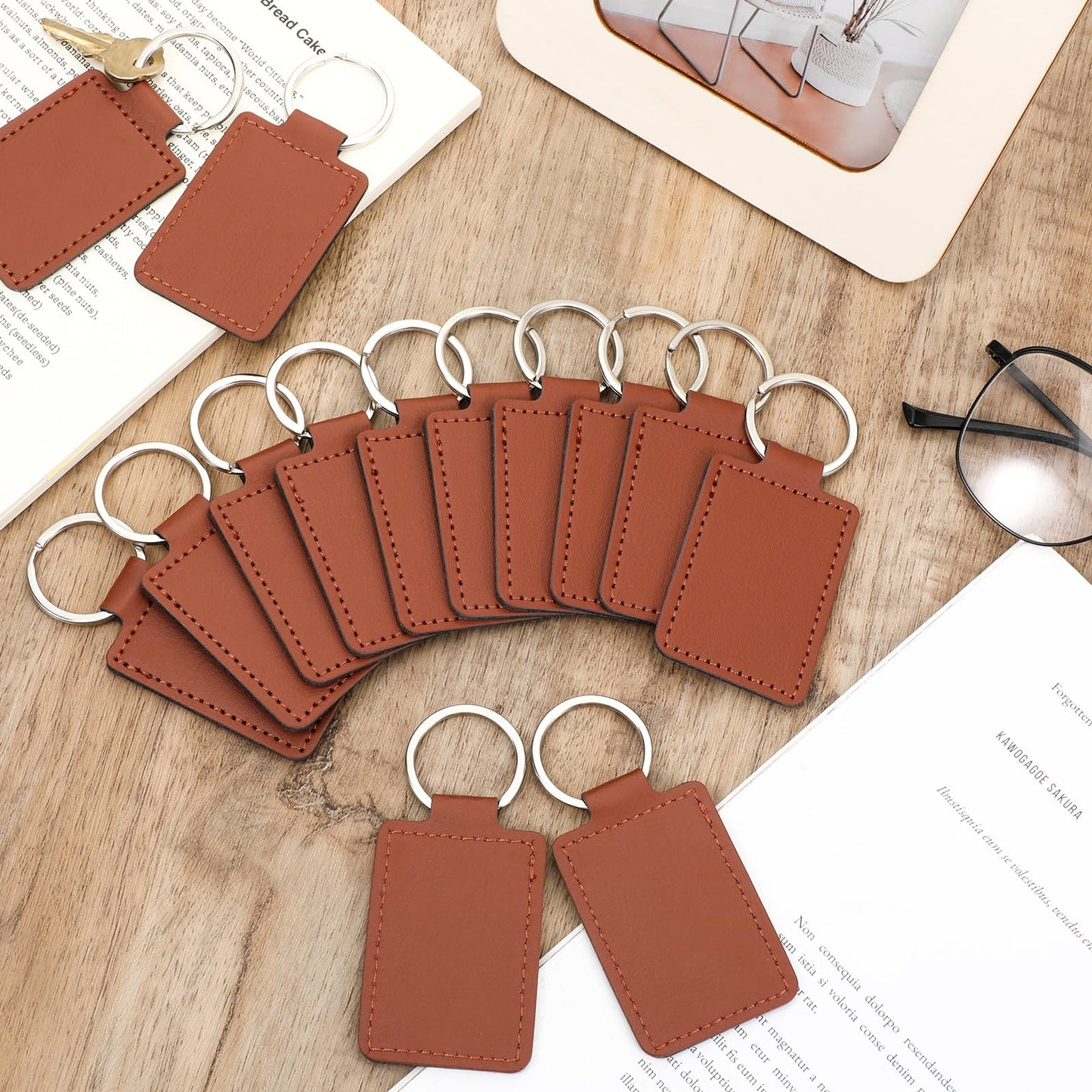 Qianyu 50 Pcs Leather Key Fob Kit PU Blanks with Rivets Key Ring Rectangular Leather Car Keychain Laser Engraving Keychain Universal Keys Chain Holder for Craft Making Stamping DIY Working