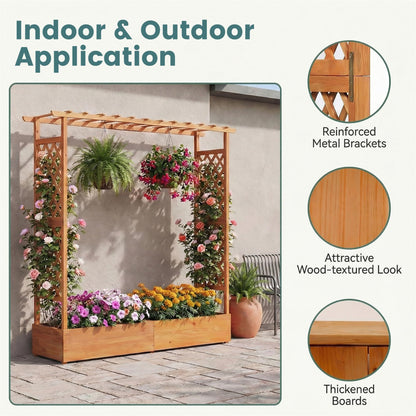 HAPPYGRILL Raised Garden Bed with Trellis, Freestanding Wood Planter Box w/Hanging Roof & Drainage Holes for Vine, Climbing Plants, Flowers, Outdoor Planter with Trellis for Garden, Patio, Yard (2)