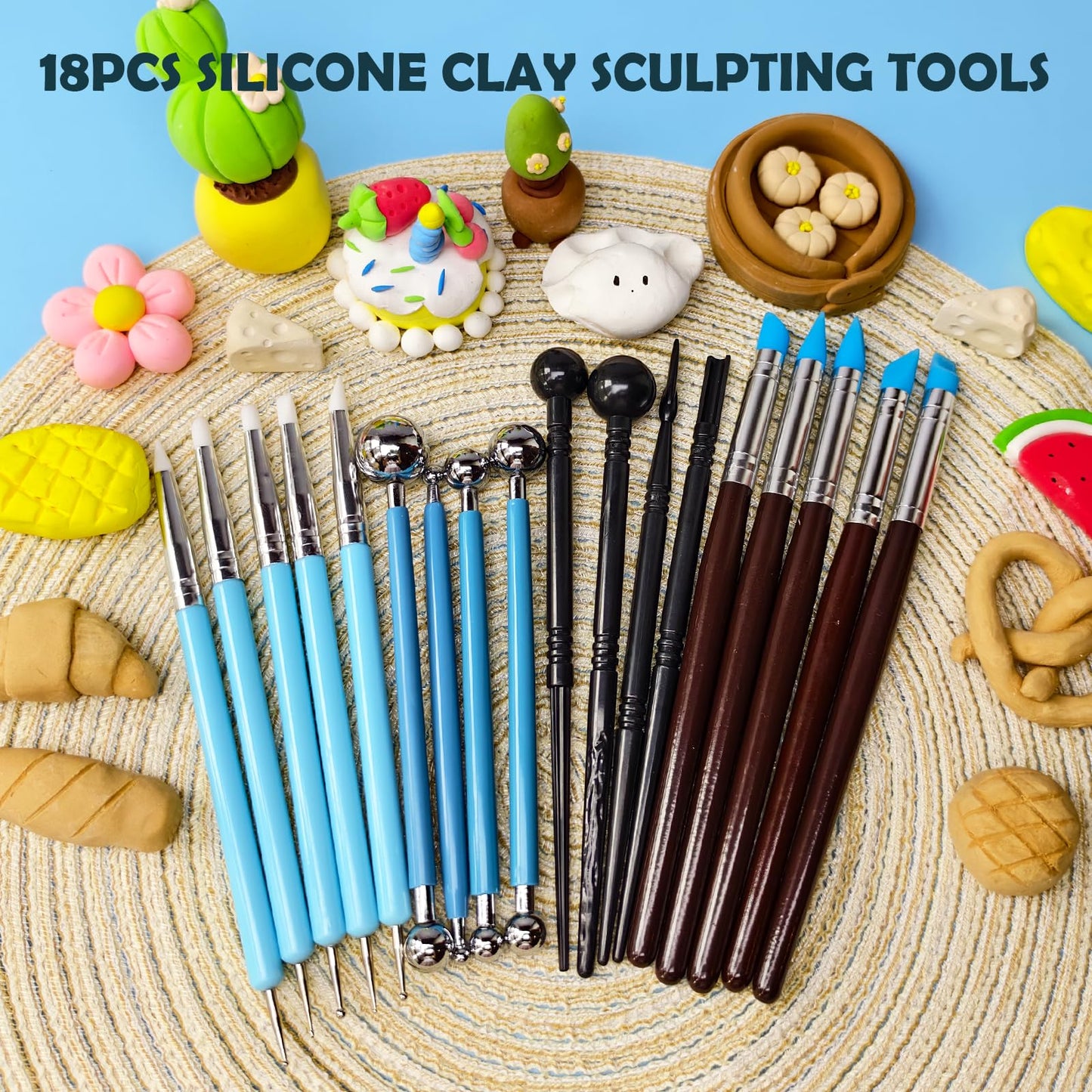 Thyrflen 18PCS Silicone Clay Sculpting Tools, Silicone Painting Brushes Kit, Clay Shaper Tool for Nail Art, Dotting, Shaping, Modeling, Air Dry Clay, Pottery, Ceramics, Polymer Clay, Crafts Supplies