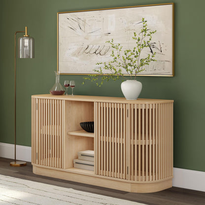 Plank+Beam Contour Wood TV Stand, Two Door Solid Wood Entertainment Console with Storage, 59" L x 16" W x 30" H, Blonde