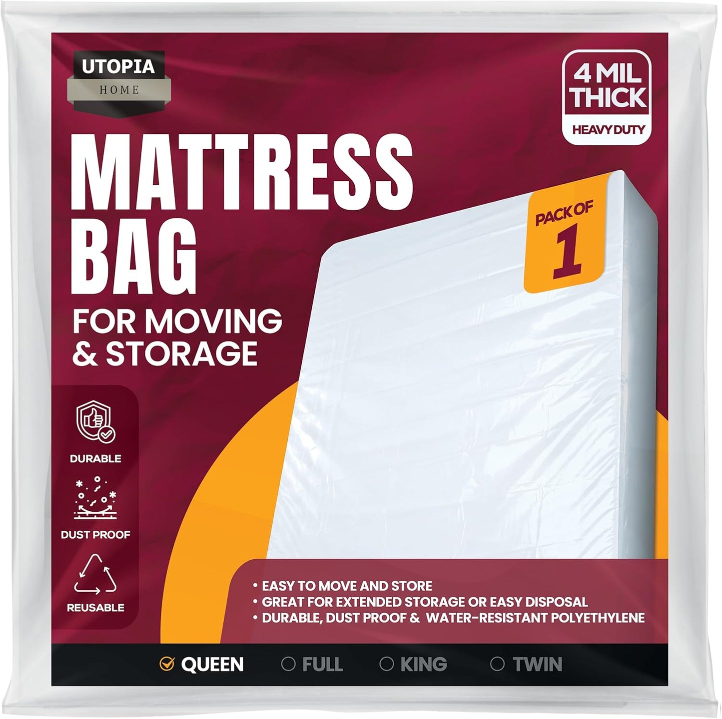Utopia Home Queen Size Mattress Cover - Heavy Duty 4 Mil Plastic Bag for Easy Moving | Fits Mattresses Up to 14 Inches