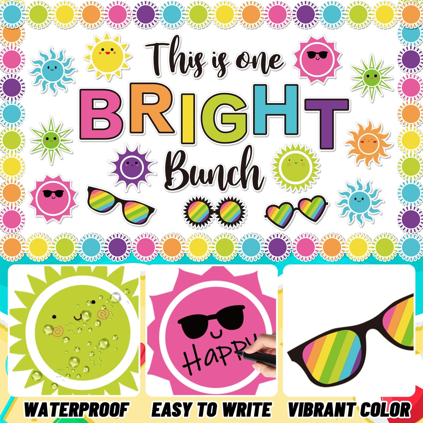78 Pcs Summer Sun Bulletin Board Decoration Set This is One Bright Bunch Cut-Outs Tropical Sun Sunshine Sunglasses Paper Cutouts with 150 Pcs Glue Points for Hawaiian Party Classroom