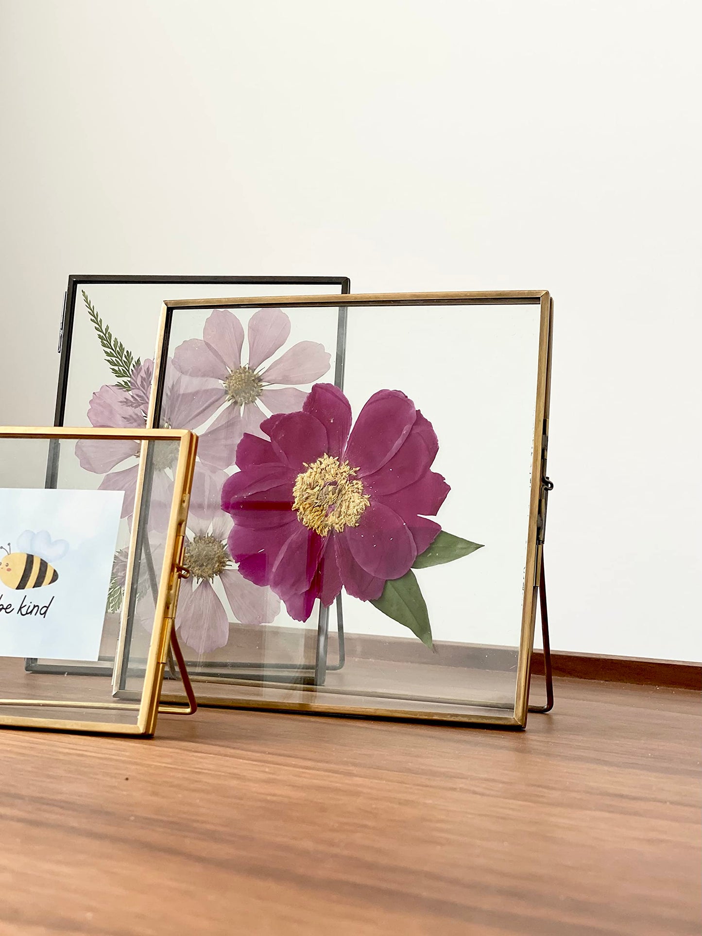 Beedecor Double Glass Frame for Pressed Flowers, Leaf and Artwork,Bronze 6x6 Standing Square Metal Picture Frames, Set of 2 Pressed Flower Frames with Stand (Antique bronze, 6x6)