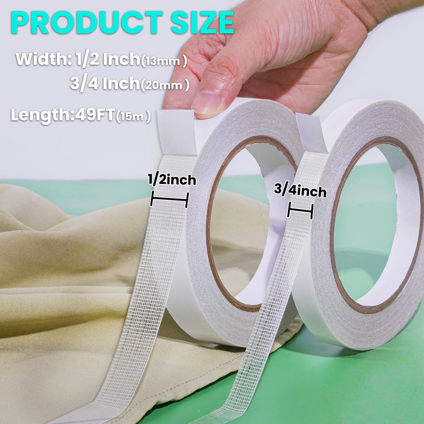 Birllaid Premium Double-Sided Fabric Tape Combo Pack - 1/2 + 3/4inch x 49 FT, No Sew No Iron Required, Strong Adhesive for Clothing Alteration, Hem Pants, Quick Repair, DIY Crafts (2 Rolls, White)