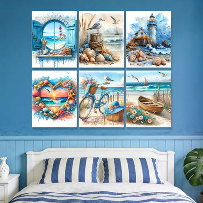 Clendo 6 Pack Beach Diamond Painting Kits for Adults, 5D Coast Diamond Art Kits for Beginners, DIY Full Round Drill Paint by Diamonds Dots for Home Wall Decor 12 x 16 Inch