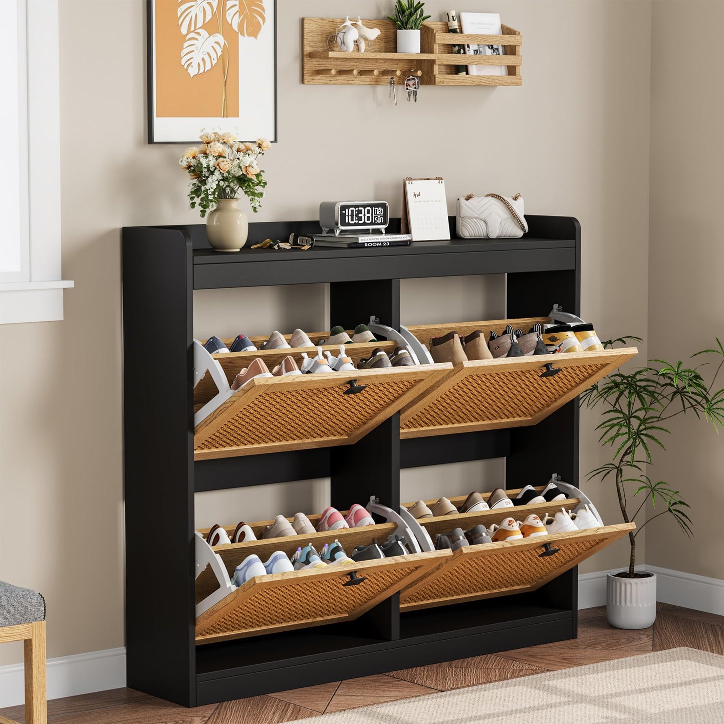 Garvee Shoe Storage Cabinet with 4 Deep Flip Drawers, Wood Shoe Cabinet with Rattan Doors and Adjustable Shelves- Freestanding Shoe Organizer for Entryway, Hallway (Black, 4 Drawers- 2PCS)