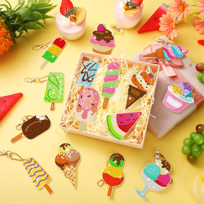 Estune 15 Pieces Summer Diamond Painting Keychain Kits 5d Ice Cream Diamond Art Keychains DIY Painting Kit Summer Hanging Diamond Art Kits Diamond Art for DIY Crafts