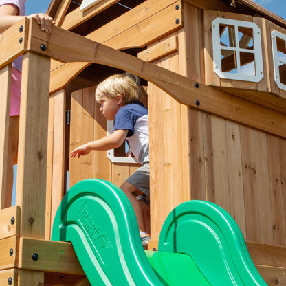Backyard Discovery Montpelier Cedar Wood Swing Set, Wave Slide, Clubhouse, Monkey Bars, Picnic Area, Snack Bar, Belt Swings, Trapeze, Balcony, Playhouse, Working Door, Ladder, Outdoor Playset