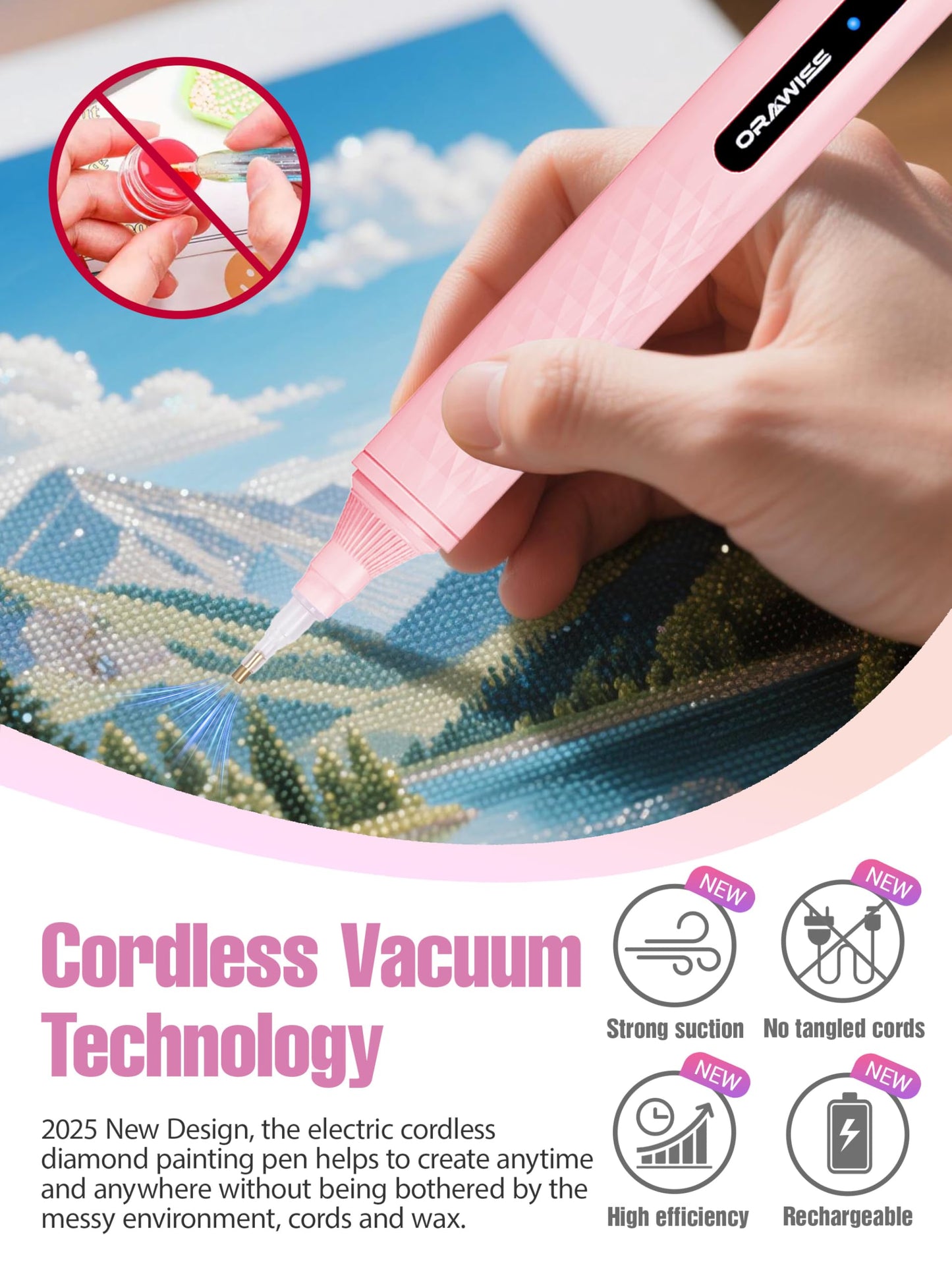 Electric Diamond Painting Pen, Vacuum Diamond Art Pen no Wax Needed | Cordless & Quiet | Rechargeable Battery | Lightweight Design | Diamond Art Accessories for Adults | Gift for Dimond Art Fan - Pink
