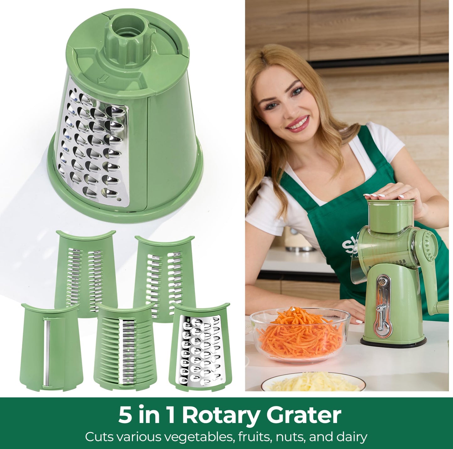 SUSTEAS Rotary Cheese Grater with Handle - Vegetable Shredder with 5 Well-designed Blades & Strong Suction Base,Round Mandoline Slicer & Food Chopper for Kitchen,with Blade Storage Box(Retro Green)