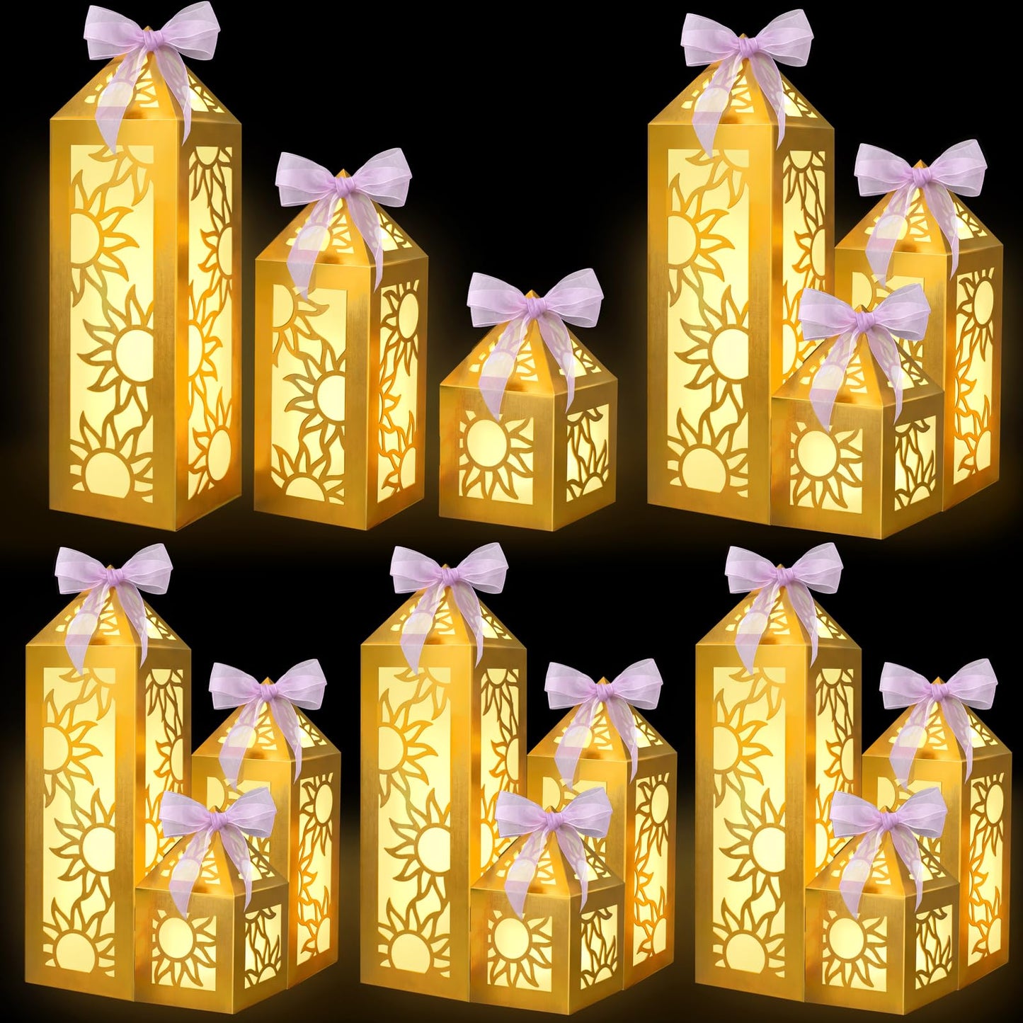 Renbuzhu 15PCS Princess Party Decorations Gold Sun Lanterns Centerpieces with LED Lights Ribbon for Girls Birthday Table Decor (Batteries Not Included)