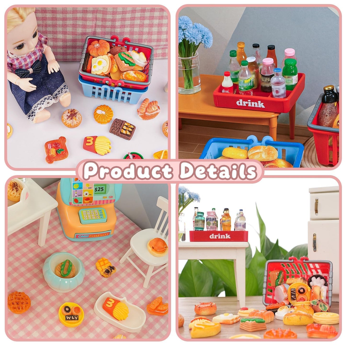 100 Pcs Miniature Food Set & Drink Bottles Realistic Resin Dollhouse Accessories 1:12 Scale Mini Food Kit for Kids Play, Collectors, Miniature Scene Kitchen Game Party Cake Bread Dessert