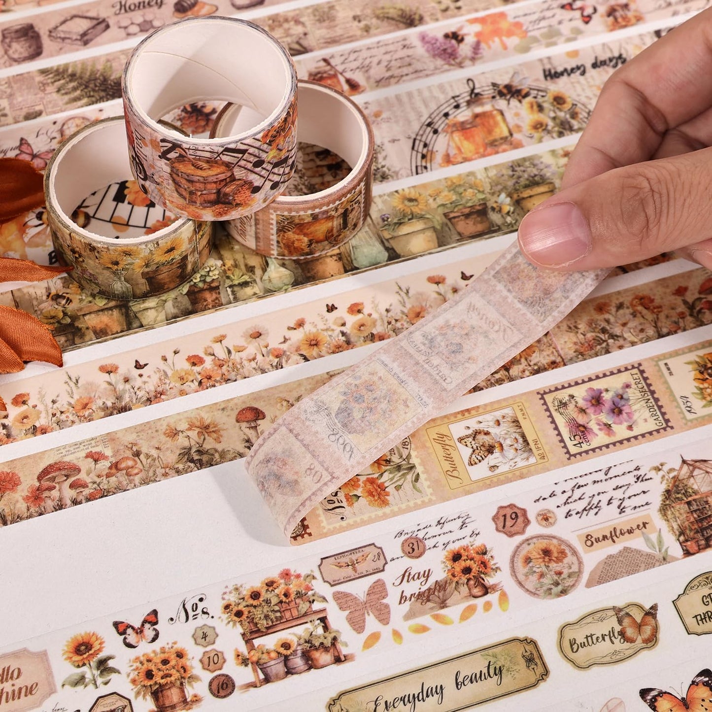 Natural Washi Tape Set, 42 Rolls - Floral, Butterfly, Bee, Botanical,Letter, Vintage Writable Scrapbooking Tapes for Journaling, Bullet Diaries, Card Making, Gift Wrapping, Aesthetic Craft Supplies