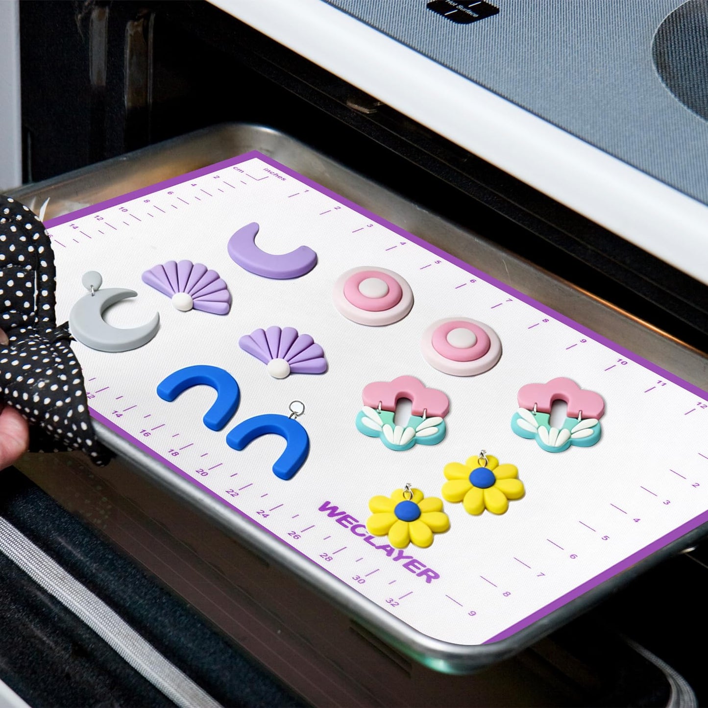 WECLAYER Clay Roller with Thickness Rings and 16" x 12" Silicone Clay Mat with Measurement,Oven-Safe Work Mat with Texture,Reusable Silicone Non-skid Pad,Clay Rolling Pin,Polymer Clay Tools