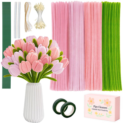 Upgraded 2026 Pipe Cleaners Craft Kit: 400-Piece DIY Flower Making Supplies with Exclusive Color Palette | Includes Chenille Stems, Floral Wire, Gardening Tape, Stamen & Ribbon for Kids Arts & Crafts