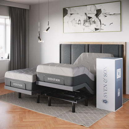 Sven & Son Classic Adjustable Bed Base, Head and Foot Lift, Massage, Under-Bed Lights, USB, Gel Memory, Zero Gravity Smart Frame - Split King + 12 inch Memory Foam Matt (Medium)