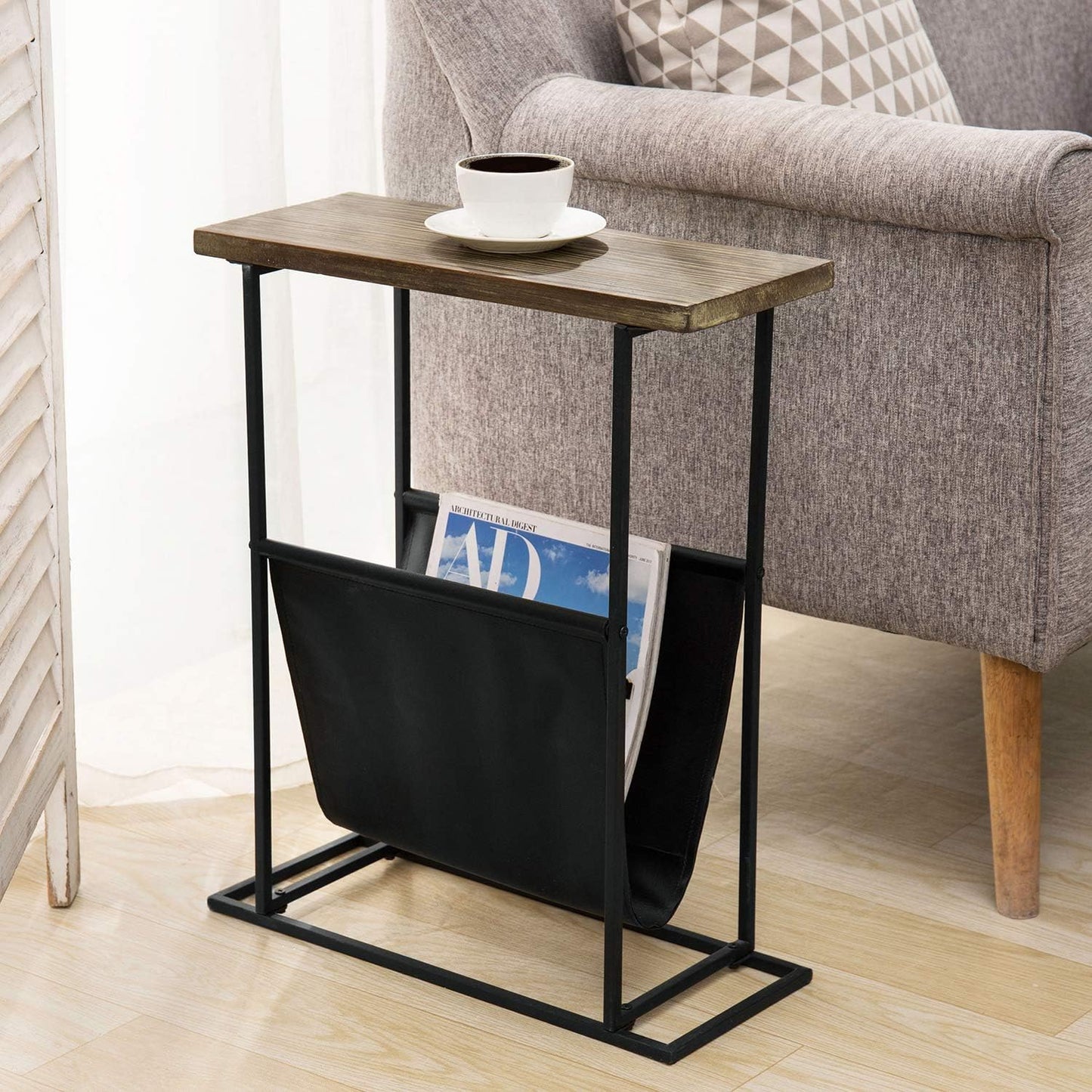 21 Inch MyGift Narrow Side Table for Small Spaces, Tall Slim End Table with Magazine Holder Sling, Wooden Narrow