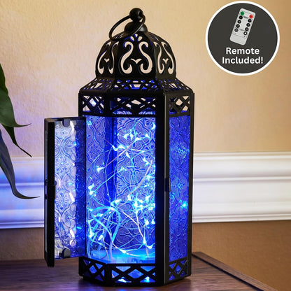 Vela Lanterns Decorative Indoor Moroccan Candle Holder & LED Fairy Lights -Twinkle Turkish Lamp, Fantasy Home Decor Table Centerpieces, Hanging Outdoor Patio Porch Wedding Ramadan (10.5", Cobalt)