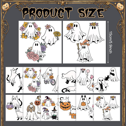 Harloon 15 Sheets Halloween Classical Ghost Rub on Transfers for Crafts Furniture Wood Ornaments Ghost and Cat Dog Stickers Rub on Decals for Halloween Scrapbook DIY Wood Fabric Journal Envelope