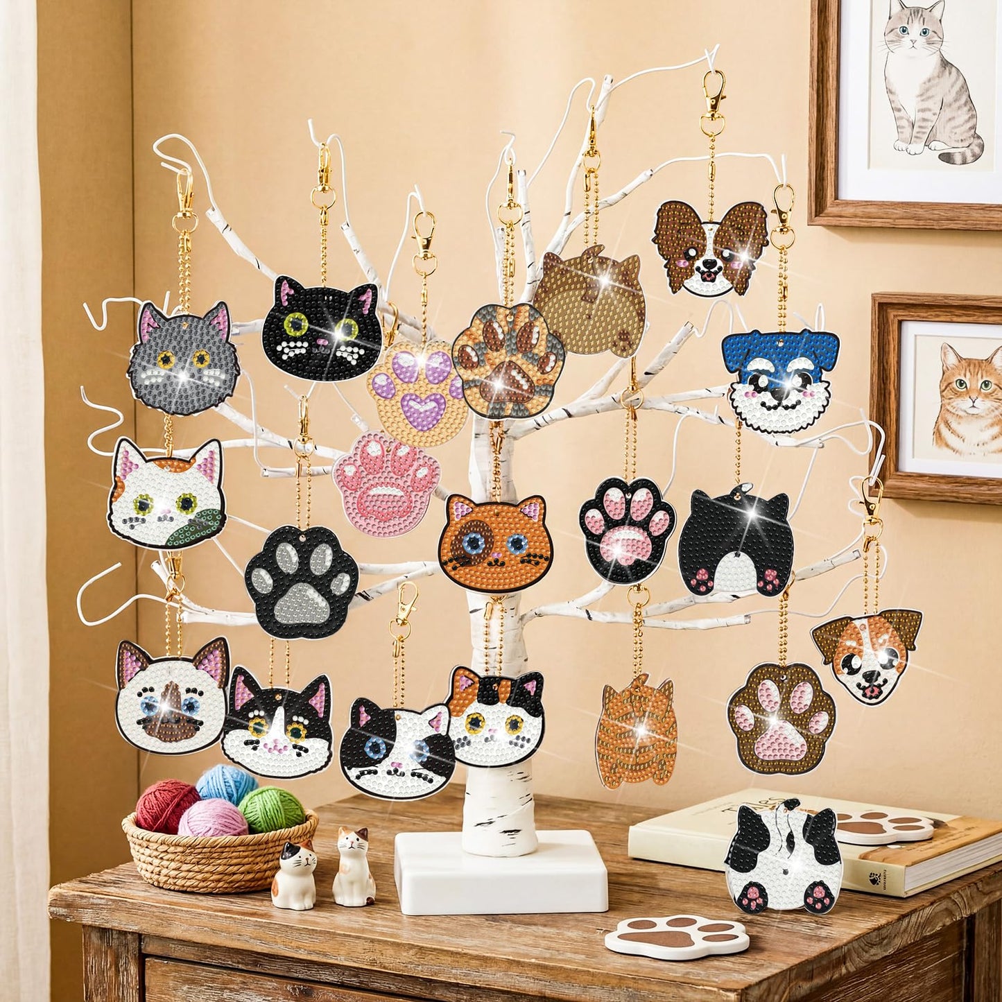 Huquary 60 Pcs Cat Dog Diamond Painting Keychain Animal Diamond Painting Keychain Kits for Aldults Double Sided 5d Rhinestones Hanging Key Chains Ornaments for Beginners DIY Crafts Party