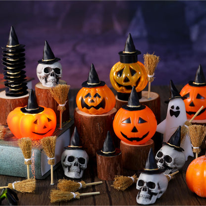 WinnerWhy 48 Pcs Mini Witch Hats and Broom for Crafts Halloween Wizard Accessories for Party Favors Decor (Black,1.5 Inches)
