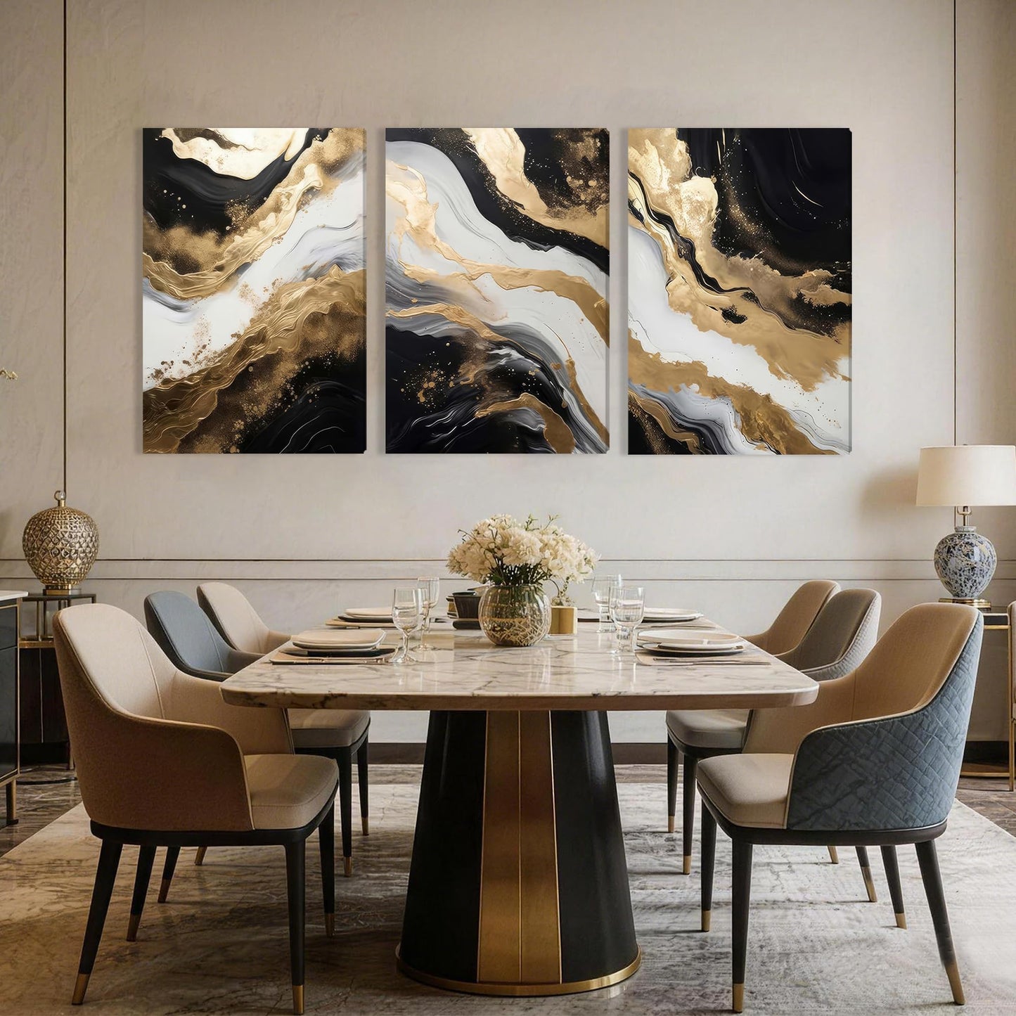 Palette Dreams 3 Piece Framed Black And White Abstract Canvas Wall Art, Black Gold Canvas Black Marble Picture Wall Decor, Modern Gold Foil Art Poster Print for Living Room Bedroom Bathroom 20x30 Inch