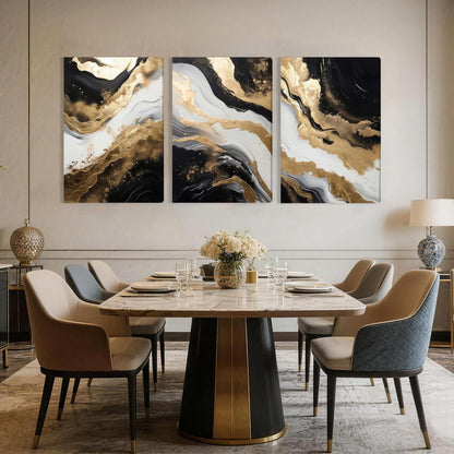 Palette Dreams 3 Piece Framed Black And White Abstract Canvas Wall Art, Black Gold Canvas Black Marble Picture Wall Decor, Modern Gold Foil Art Poster Print for Living Room Bedroom Bathroom 20x30 Inch